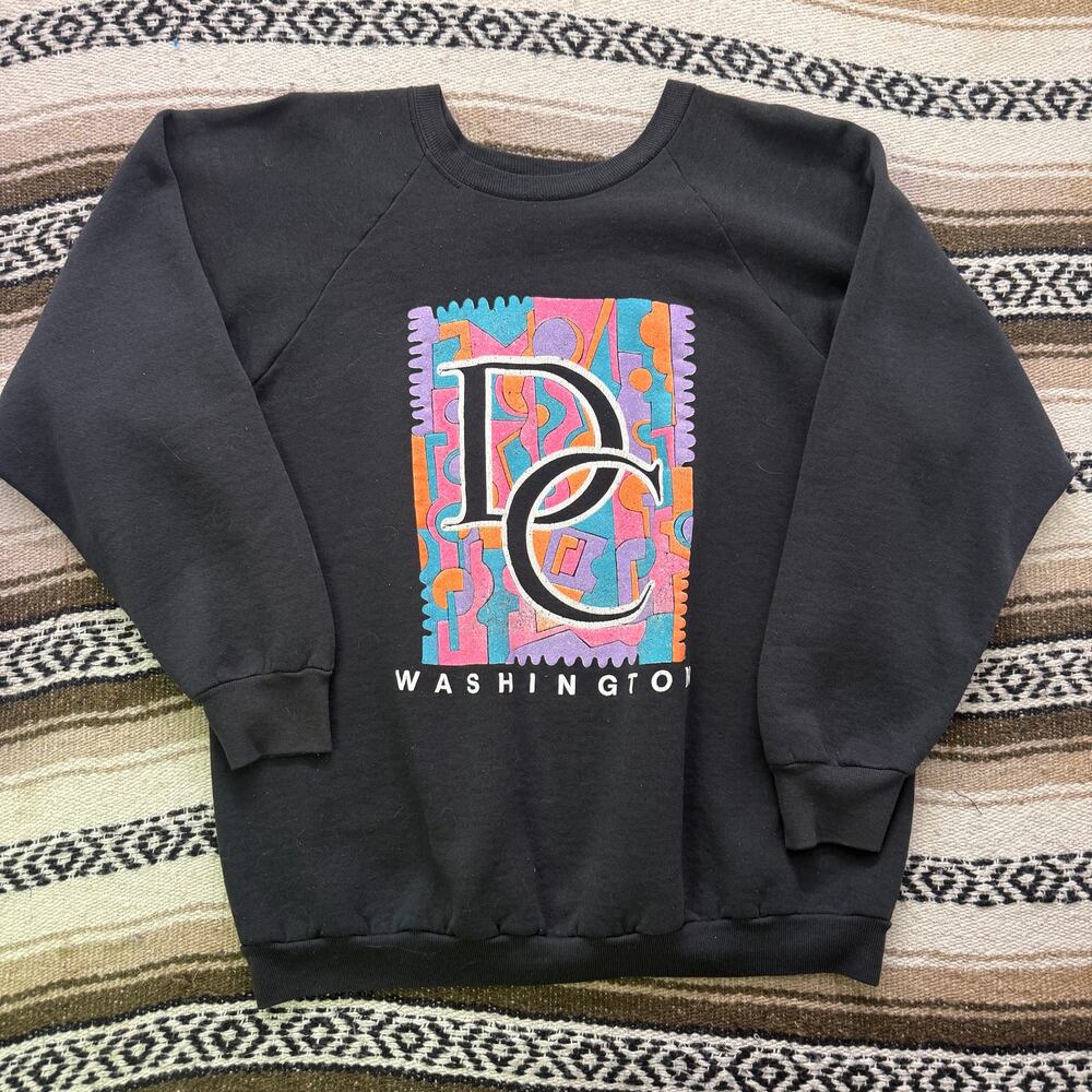 Vintage 80's Washington DC Black Multicolor Crewneck Pullover Sweatshirt Sz XL